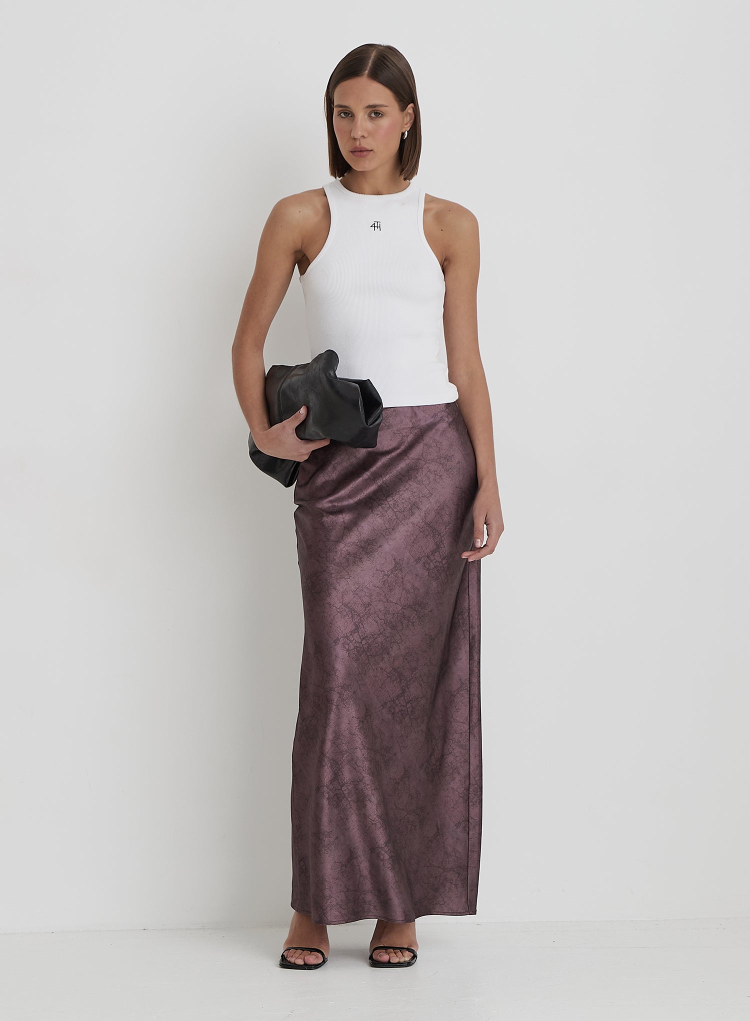 Plum Printed Satin Maxi Skirt